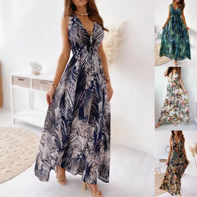 Womens Boho Sleeveless Maxi Dress Ladies Summer Beach Dresses Holiday Plus Size • $35.28