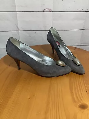 Vintage Anne Klein Size 7 Shoes Heels Gray Suede Made In Italy Embellished • $49