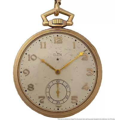 Vintage Elgin 16s Mens Open Face Running Pocket Watch W/ Chain Fob Orig Box 1937 • $46