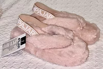 PAJAR Shay Dusty Pink Faux Rabbit Fur Slippers Sandals W/ Strap NEW Womens Sz 7 • $37.43