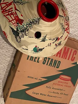 $89.95 • Buy Mid Century Poloron COLORAMIC Tin Litho Christmas Tree Stand-Snow Scene W/box