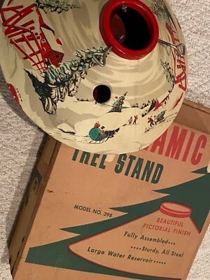 $89.95 • Buy Mid Century Poloron COLORAMIC Tin Litho Christmas Tree Stand-Snow Scene W/box