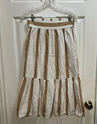 Madewell Ruffle-Hem Midi Skirt In Stripe White Tan Linen Cotton Size Small  • $30