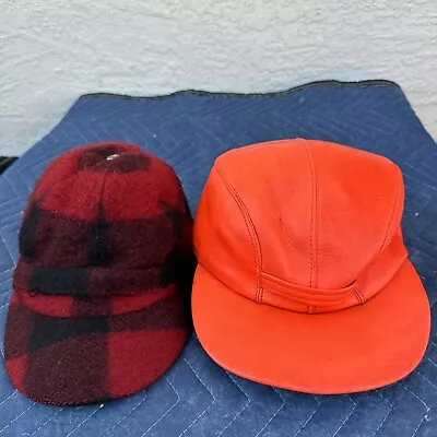 Vintage Hunting Hats Bright Neon Orange & Plaid Wool Cap Size 7 1/4 • $19.99