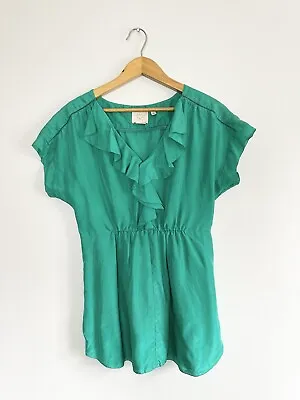Anthropologie Vanessa Virginia Silk Blouse Womens Sz 2 Green Ruffle Short Sleeve • $21.25