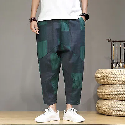 Men Cotton Linen Capri Pants Baggy Harem Pants Drawstring Yoga Raving Trousers • $23.58