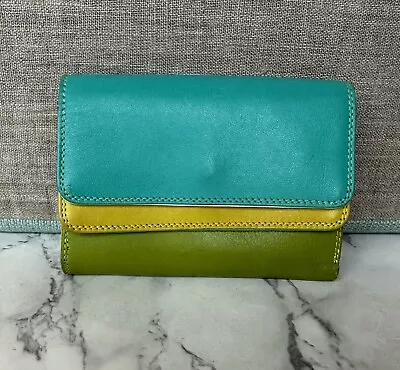 Mywalit Double Flap Tri-Fold Leather Wallet Turquoise Yellow Green Orange White • $55