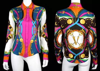 VERSACE Multicolor Mixed Print Silk Twill Button-Front Blouse 38 • $398