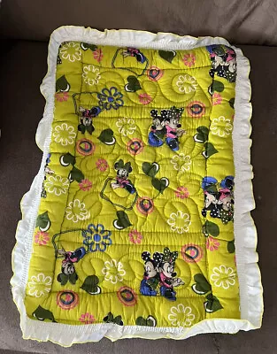 Vintage Disney Mickey Minnie Mouse Crib Blanket Quilt Green Hearts Flowers     Z • $29.95