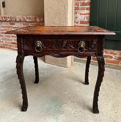 Antique English Carved Oak Hall Side TABLE Nightstand Brass Renaissance Lion  • $1465