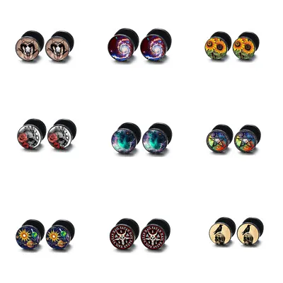 4pc Steel Multi Pattern Black Fake Ear Plug Flesh Tunnel Stud Earring Piercing • £4.49