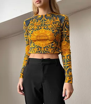 90s Vintage Womens VERSACE Crop Top Shirt Medusa Baroque Graphic Printed Logo • $125