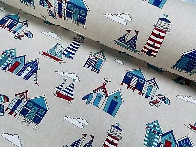 Little Beach Huts Print Fabric Curtains Decor Marine Material -140cm Wide Blue • £1.20