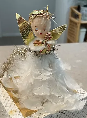Vintage 1960s Celluloid ? Face Angel Tree Topper. White Feather Dress.Christmas • $22