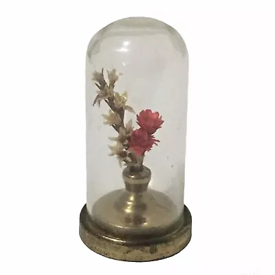 Dollhouse Miniature Decorative Brass 2  Glass Dome Vase With Dried Red Flowers • $20.50