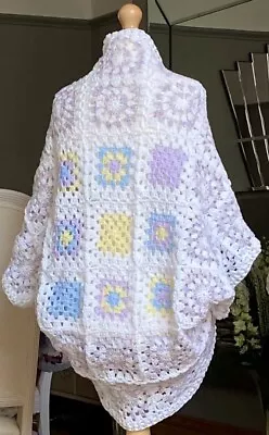 Handmade Crochet Cocoon Blanket Cardigan Shrug Sunburst Granny Square Cosy Warm • £59.99