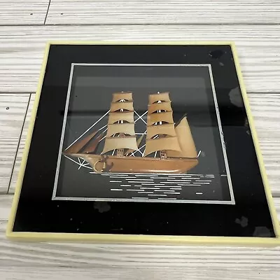 Vintage 3D Art Picture Schooner Sailing Ship Square Plastic Frame Hong Kong 5x5 • $15