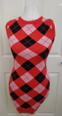 Red/Black/Pink Harlequin Puttern Long Vest Dress S  • £6.49