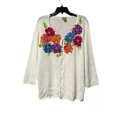 Sigrid Olsen Sport White Linen Blend Open Knit Flower Beaded Cardigan Size 2X • $19.95