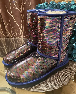 Gorgeous!* Women’s Ladies Ugg Classic Short Boots Blue With Sequins Size 9 US • $244.99