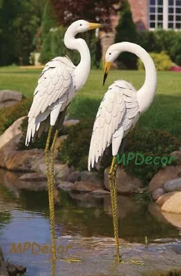 Coastal White Crane Pair Garden Statues Egret Heron Bird Sculptures Yard Art 44  • $217.90