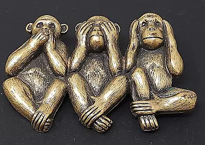 Vintage THREE WISE MONKEYS Speak See Hear No Evil  Large Brass BROOCH • $55