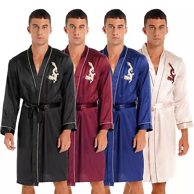 Mens Satin Robe Shorts Dragon Kimono Long Sleeve Spa Bathrobe Sleepwear Pajamas • $6.15