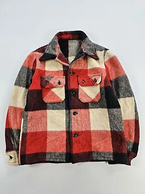 Vintage 1940s Wool Mackinaw Jacket Shirt Plaid Lumberjack Button-Up S • $47.36