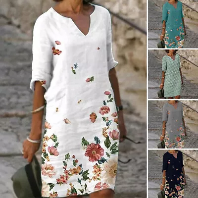 Womens V Neck Floral Short Sleeve Midi Dress Ladies Casual Baggy Kaftan Dresses • $31.99