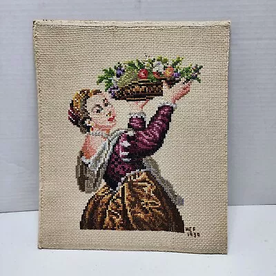 Vintage Needlepoint Women Fruit Finished 1939 Completed 11.75x10 No Frame READ • $18.74