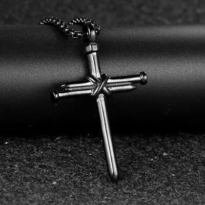 Men Women Jesus Nail Rope Cross Pendant Necklace Stainless Steel Chain Black • $10