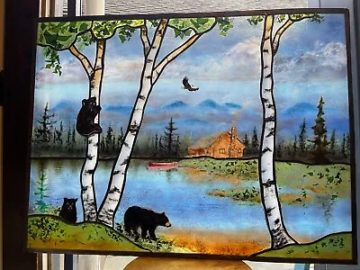Three Bears  Custom Stained Fired  Fused & Painted Glass Nature Entry Door • $2800