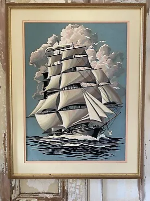 Large GALLEON SHIP Original Painting On Fabric 19  X 24  Mounted & Framed • £28.59