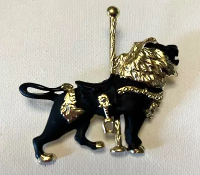 Vintage Estate Lion Carousel Brooch Pin Matte Black Gold Animal Cat • $18.97