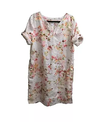 J Jill Love Linen Floral Short Sleeve V Neck Dress Pockets Pink Cream Large Tall • $34.95