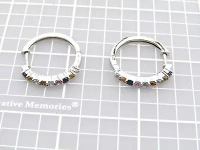 .75  SAPPHIRE & MULTICOLOR HINGED TOPAZ HOOP EARRINGS Sterling Silver 925 EB8 • $28.37