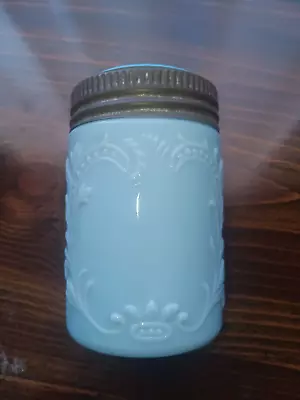 Vintage Half Pint Scroll Jar Daisy Design BLUE Milk Glass  • $199