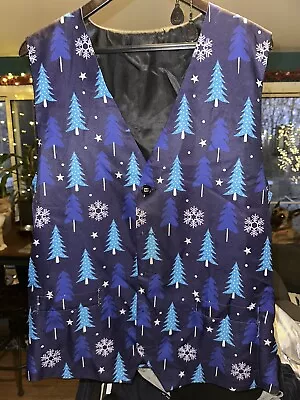 Mens Christmas Vest XL Blue Christmas Trees And Snowflakes • $19