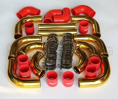 Rdt 12 Pcs Gold Aluminum Intercooler Piping Kit W/ Red Coupler + T-bolt Clamps • $172.44