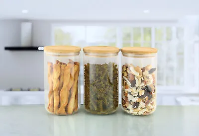 £12.99 • Buy Glass Jar Borosilicate Storage Container With Bamboo Lid Food Rice Pasta Jars