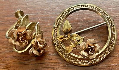 Vintage Krementz Gold Filled Tritone Rose Brooch Screw Back Earrings Set • $34.99