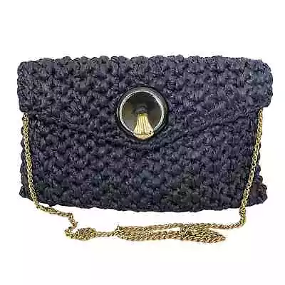 Rodo Italy Vintage Navy Blue Woven Straw Envelope Clutch Purse Shoulder Bag • $76.50