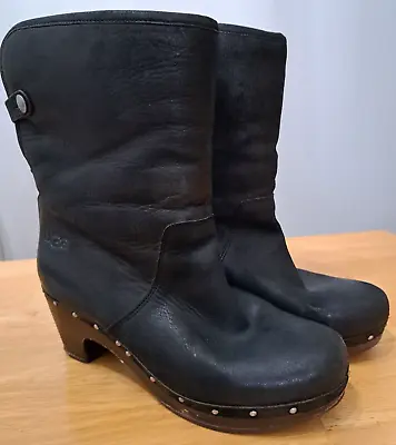 UGG Women's Size 9 Lynnea Shearling Studded Clog Boots Black Leather Wood Soles • $25