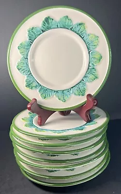 Italian Majolica 6” Plates Vintage Romanesque Acanthus White W/ Green Set Of (8) • $54