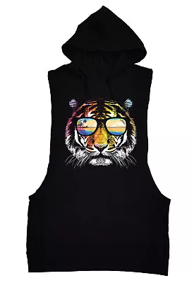 Summer Tiger Black Tank Top Hoodie Funny Humor Neon Rave Party Animal Surfing • $15.99