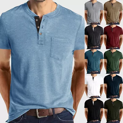 Mens Henley Buttons Neck Shirts Grandad Plain Short Sleeve Tops T Shirt 36-44 • £12.39