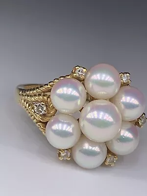 MIKIMOTO Cluster LUSTER Pearl & Diamond Cocktail Ring In 18K Yellow Gold Size 7 • $899