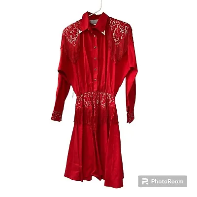 VTG Lilia Smitty Western Red Fringe Lace Size 11/12 Midi Dress Cowgirl Rodeo • $49.49