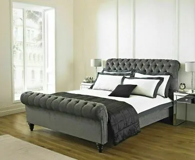 Sleigh Scroll Bed Frame Upholstered 4ft6 5ft 6ft Fabric • £307.99