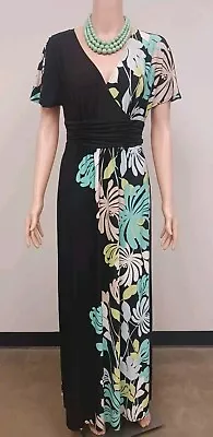 Maggie L Womens Maxi Dress Sz 4 Black W/Tropical Print Long Dress • $15.76